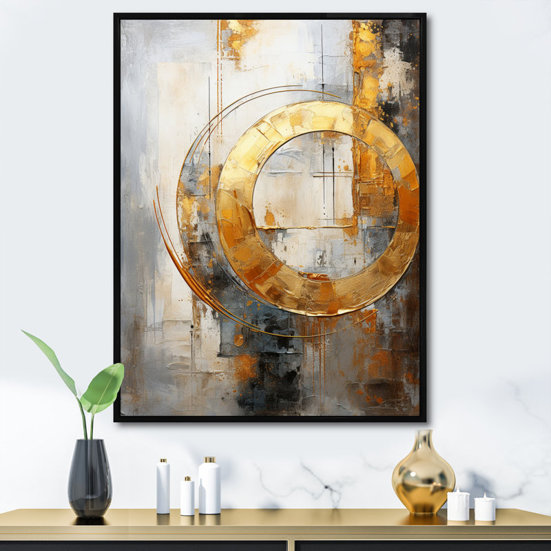 Fleurine, gris doré, géométrie brillante, sur toile, H 40 po x l 30 po x P 1,5 po, Cadre flottant noir