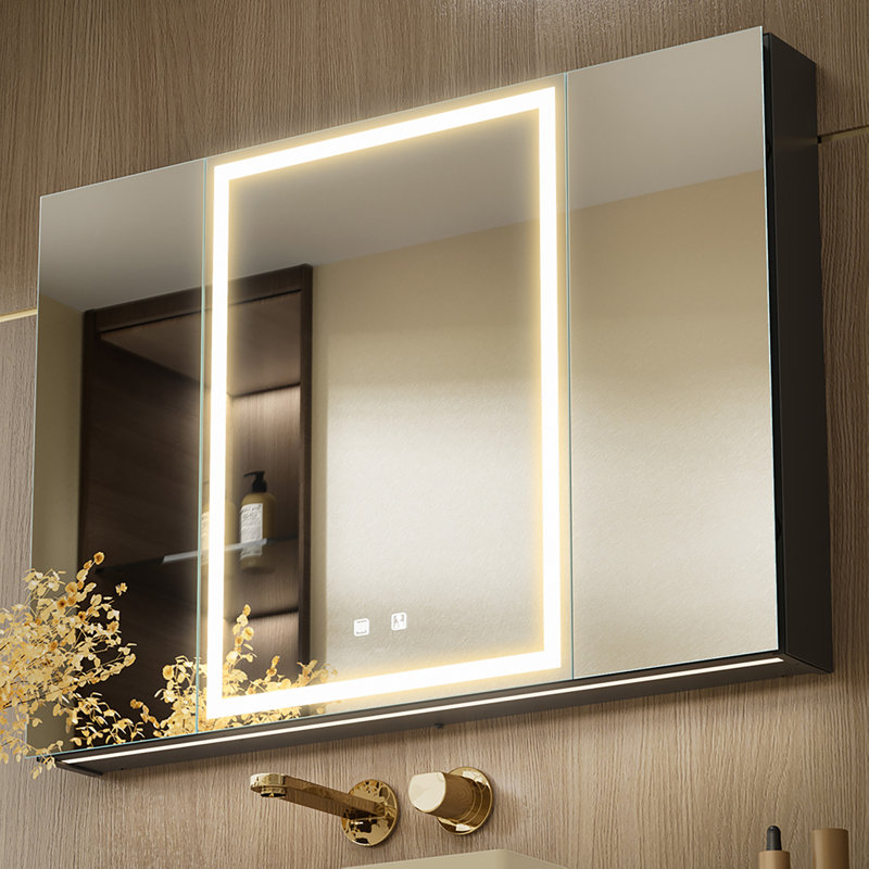 Pharmacie de salle de bain éclairée à DEL H 28 po x l 40 po avec miroir, désembueur, gradateur, prises et USB