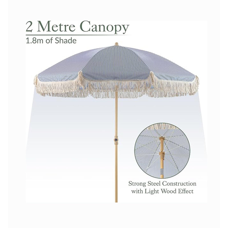 2m Tassel Beach Umbrella,Outdoor Patio Sunshade with Tilting Canopy, Navy Blue Stripes