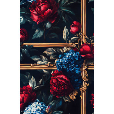Papier peint floral baroque | Murale fleur rouge rouge bleu | Cadre doré pelez et collez