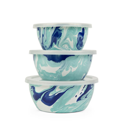 Golden Rabbit Enamelware Lagoon Set of 3 Nesting Bowls with Lids