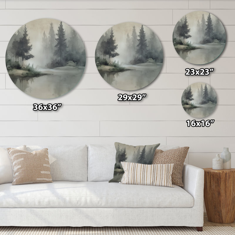 Pin et brume lac matin - décor mural en métal paysages, L 23 po x H 23 po