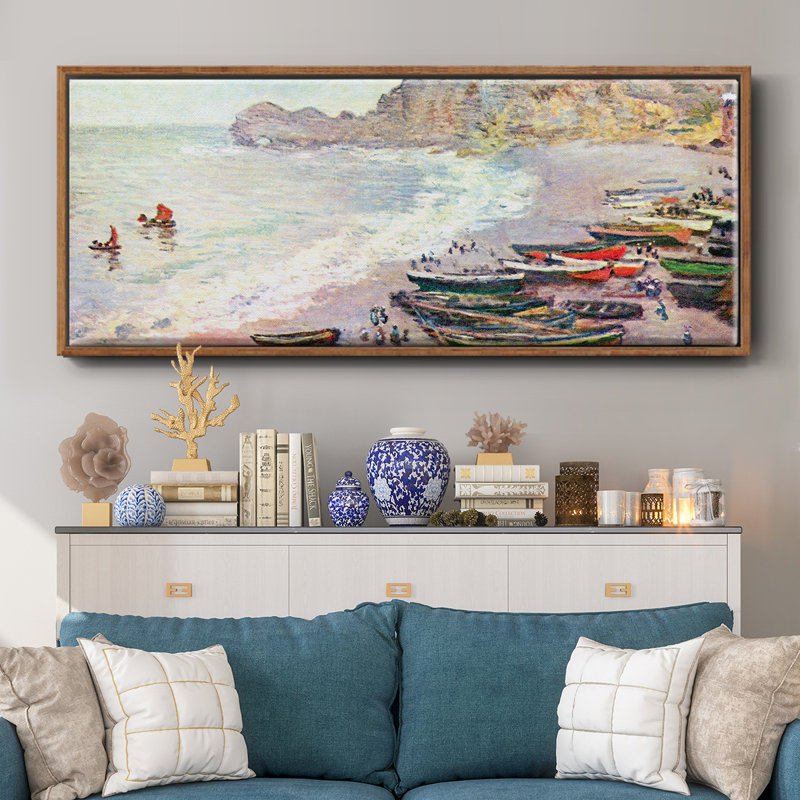 «Étretat, la plage et la porte d'Amont» par Monet - toile encadrée, H 8 po x l 20 po
