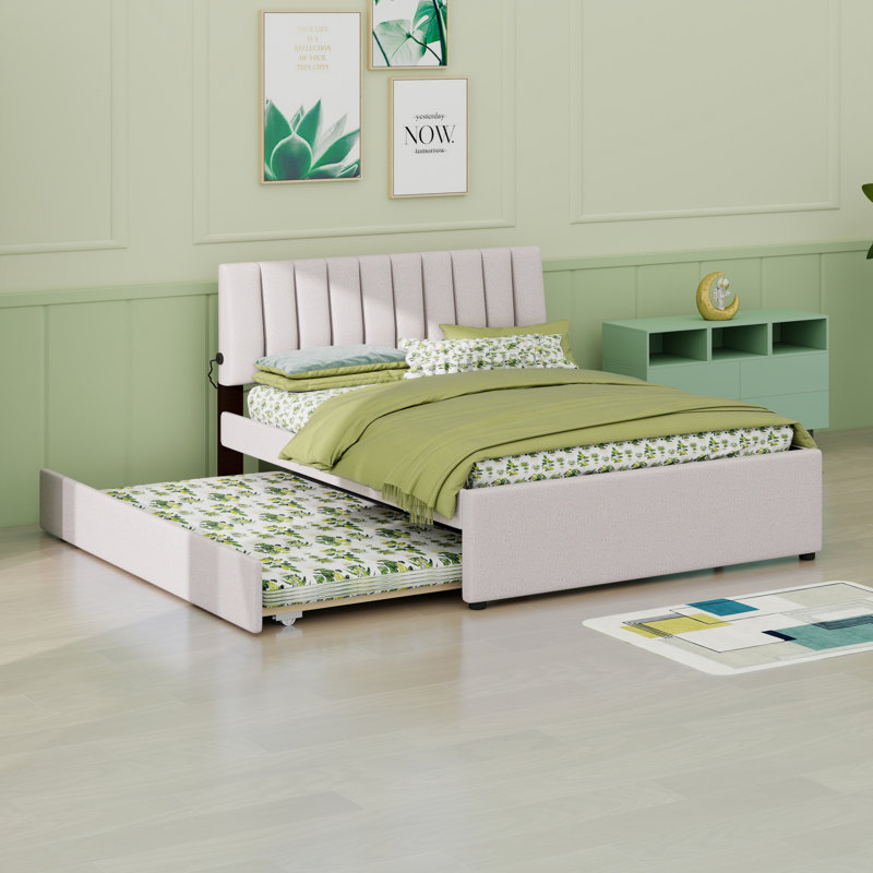Lit plateforme tapissier avec lit gigogne, Beige