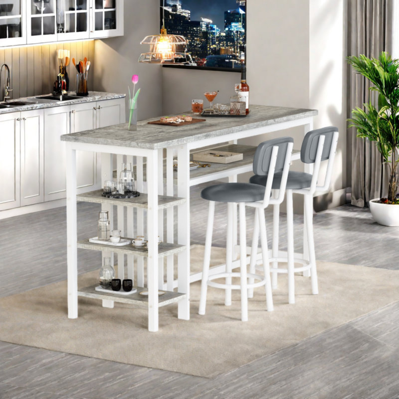 3 Piece Bar Table Set, Kitchen Dining Table Set For 2, Bar Table And Chairs Set With PU Upholstery Stool And 4 Open Storage Shelves, Pub Table Set For Small Space, Grey