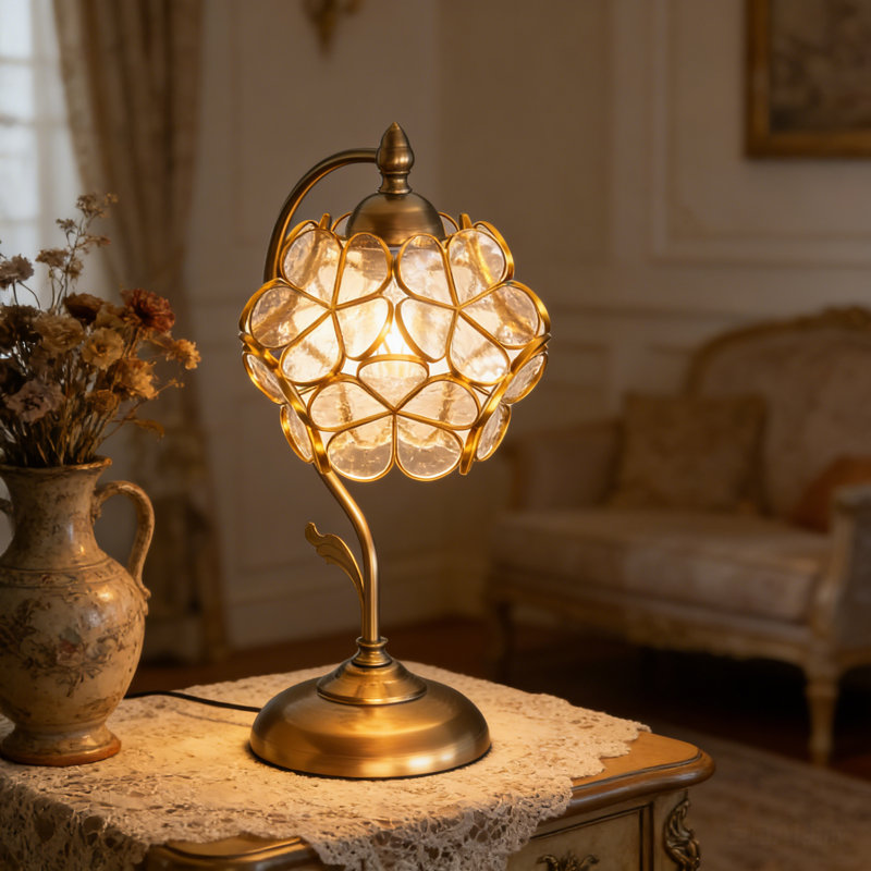 Lampe de table 16,5 po (H) en métal avec abat-jour en verre trèfle, style Tiffany, Clair