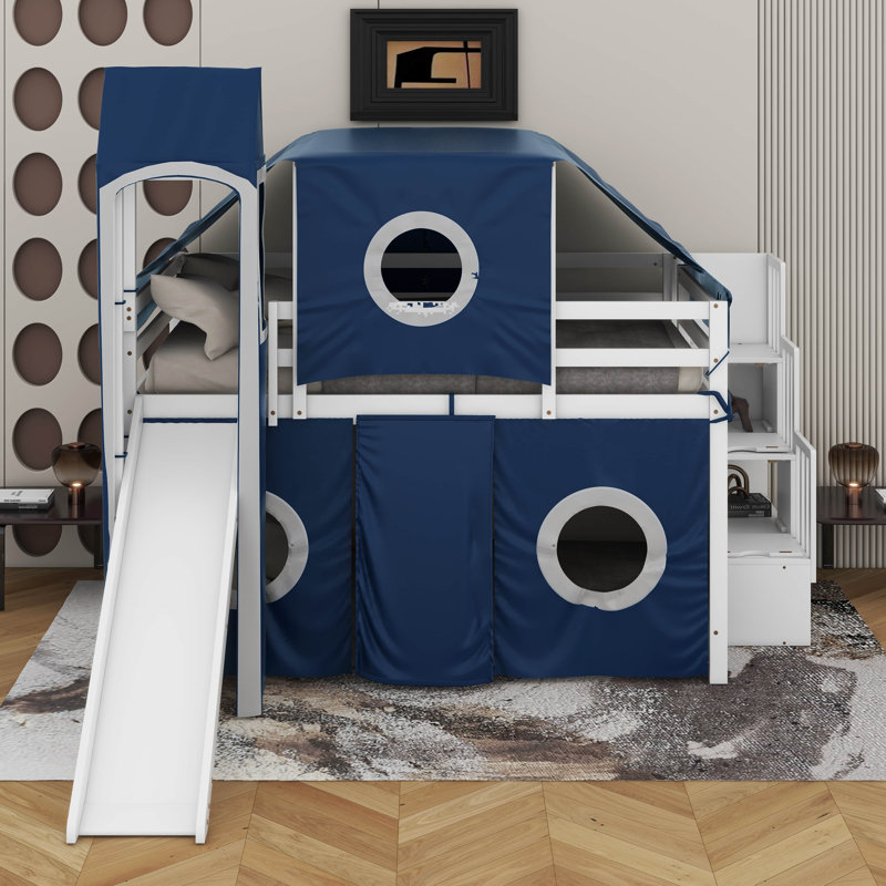 Lit mezzanine double avec tente et tour, Bleu