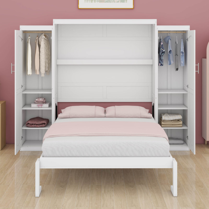 Full Size Murphy Bed Wall Cabinet With 2 Wardrobe And Storage Shelf, Wooden Murphy Cube Wall Bed,Multifunctional Foldable Wall Platform Bedframe For Guest-Room