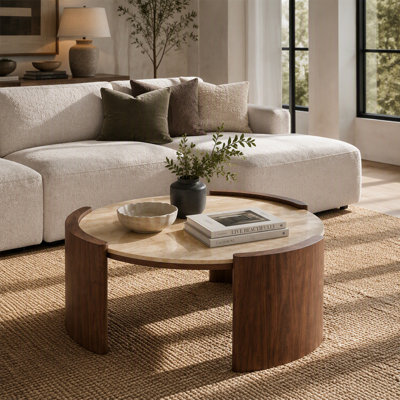 Round Sintered Stone Coffee Table with Glossy Travertine Top and Walnut Legs