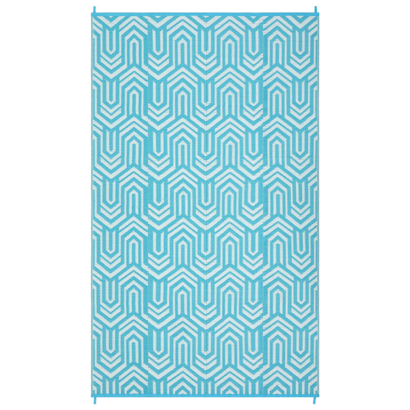 Reversible Outdoor Plastic Area Rug - Waterproof Modern Geometric Low Pile Patio Mat - Easy Clean Portable Carpet for Camping, RV, Deck, Balcony, Backyard - Light Blue/White, 8x10ft (244x305cm)