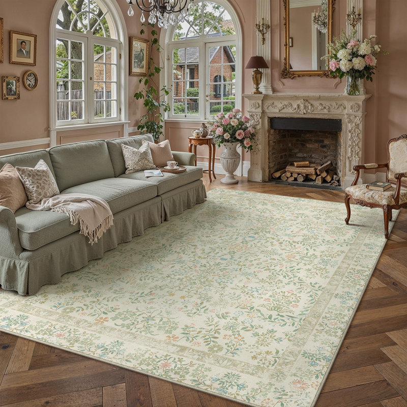Tapis lavable à motif floral moderne Griffin avec envers antidérapant, Sage/Beige, Rectangle 9' x 12'