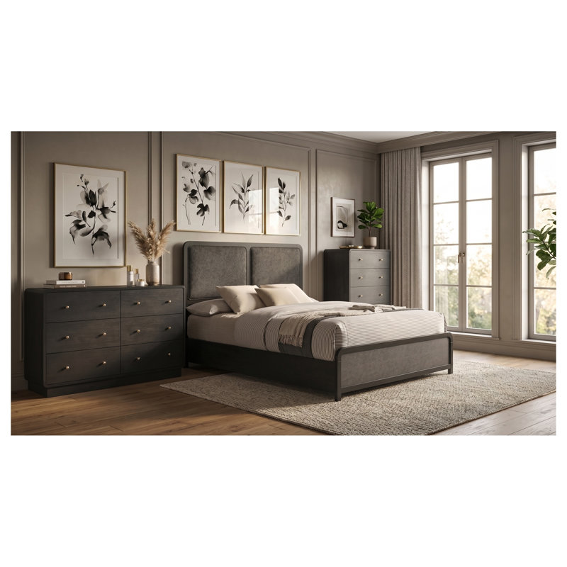 Ensemble de chambre à coucher Delacroix Queen 3 pièces comprenant un lit à panneaux rembourrés, une commode et un chiffonnier noir