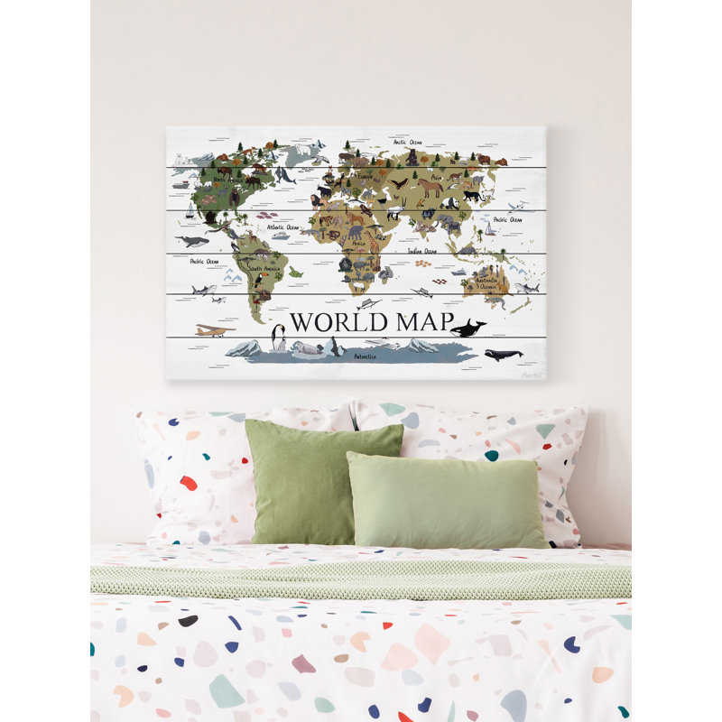 «Carte du monde des animaux», reproduction sur bois blanc, H 20 po x l 30 po x P 1,5 po