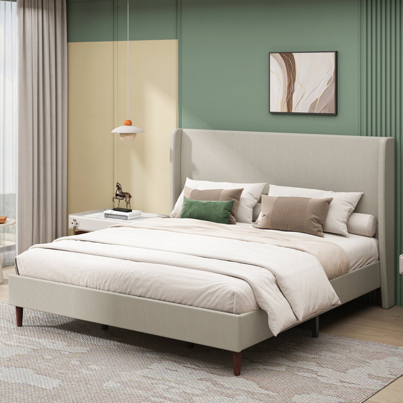 Modern Platform Bed Upholstered Bed Frame, Elegant Soft Bed With 12 Slats And High Backrest, King, Beige