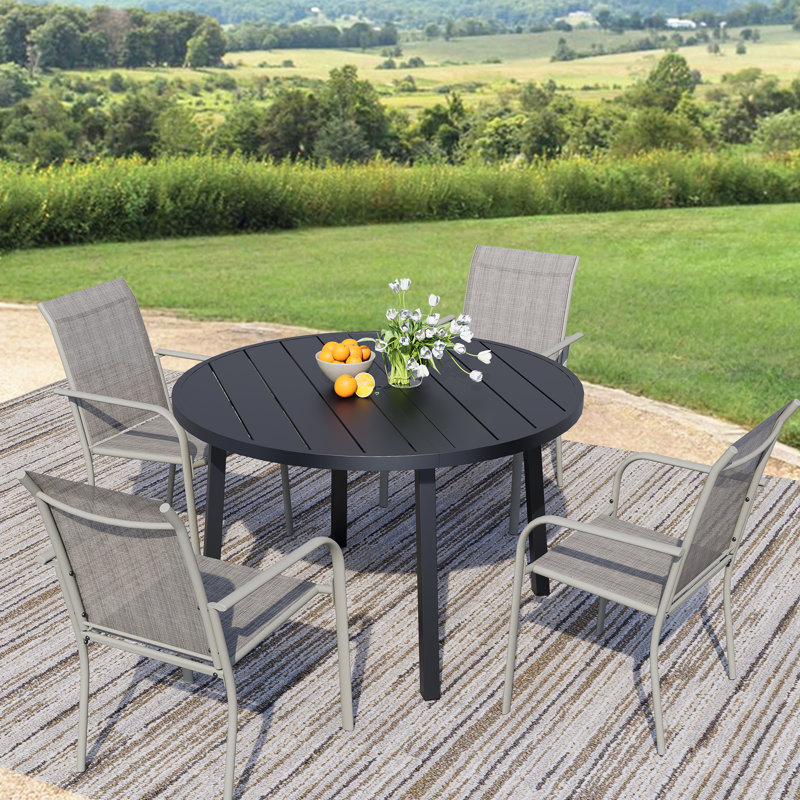 5-Piece Outdoor Dining Set, Round Metal Table With 4 Grey Chairs, Black Patio Table With Umbrella Hole For Garden, Yard, Patio