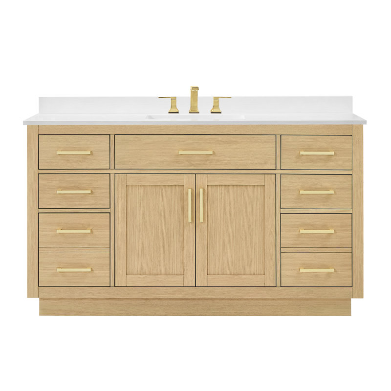 Ensemble de meuble-lavabo simple 60 po Beckett, Chêne foncé, Marbre de culture blanc, Noir mat