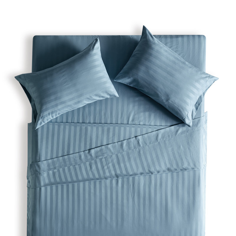 Stone Blue Twin Satin Damask Stripe Sheet Set