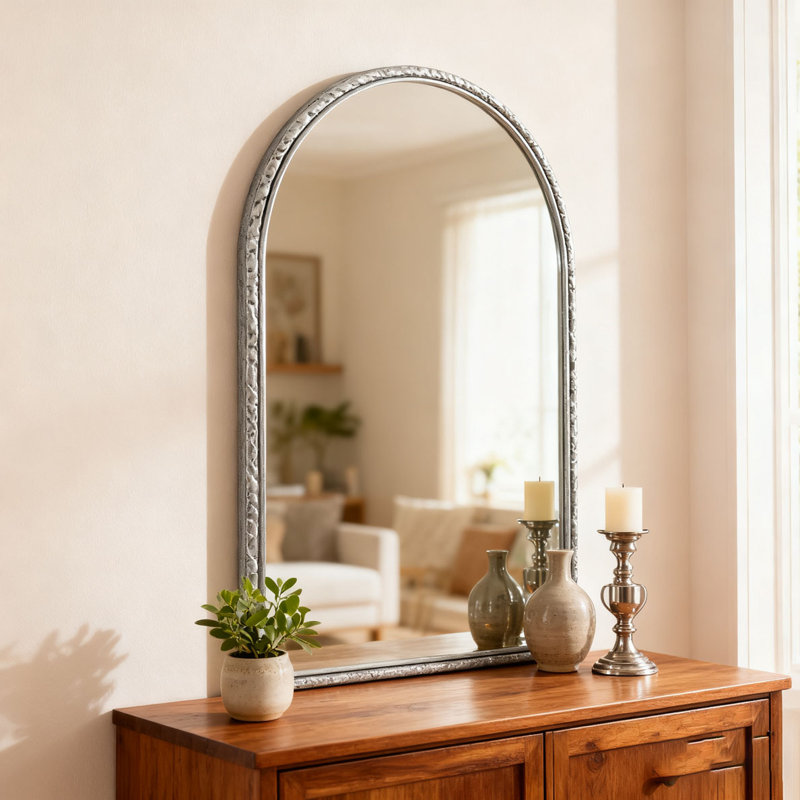 Miroir arqué, miroir de coiffeuse ou miroir mural pour vestibule de salon, Argent argent