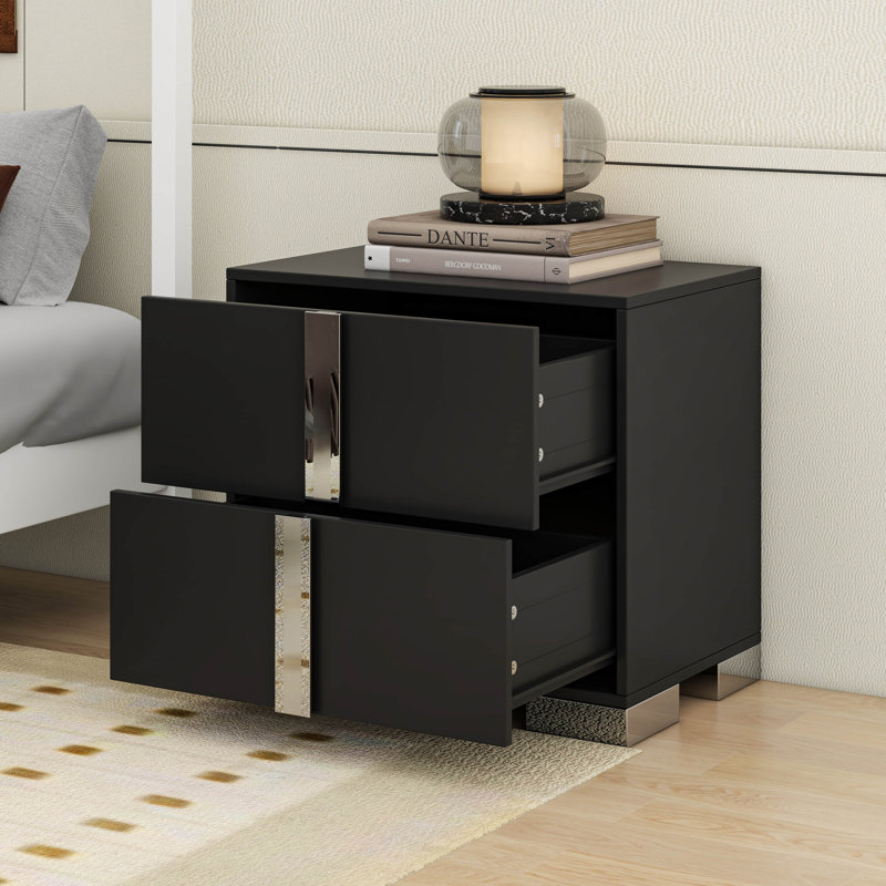 Table de chevet de luxe avec 2 tiroirs de rangement, table de chevet simple et généreuse avec poignée, Noir