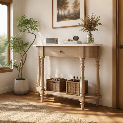 Narrow Console Table with Curved Corner, Retro Entryway Table with Top Drawer and Open Shelf, Sofa Table Console Tables for Entryway, Hallway and Livi