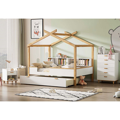 Addai White Full Size Wooden House Bed with Original Wood Colored Frame Twin Size Trundle and Bookshelf Storage Space for Children or Guest Room -  Harper Orchard, A28C0C2AFD0B474CB193C998C62D3369