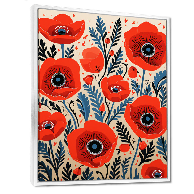 Blooming Poppies - Illustration rétro - coquelicot, Cadre flottant blanc, bois massif, H 20 po x l 12 po