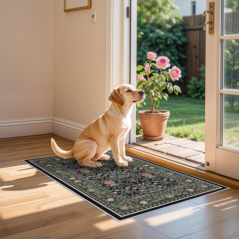 Floral Area Rug - Soft Oriental Vintage Farmhouse Style for Bathroom Entryway Kitchen - Non-Slip Backing Low Pile Stain Resistant Indoor Mat (Black)