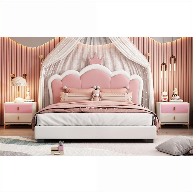 Full Size Poplar Wood PU Upholstered Platform Bed with Crown Headboard, 500lbs No Box Spring Needed, Cream for Bedroom, Cream