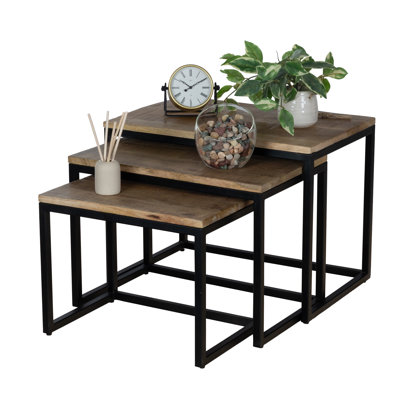 Set of 3 Mango Wood Nesting Tables with Black Metal Frame Base by RRI Goods