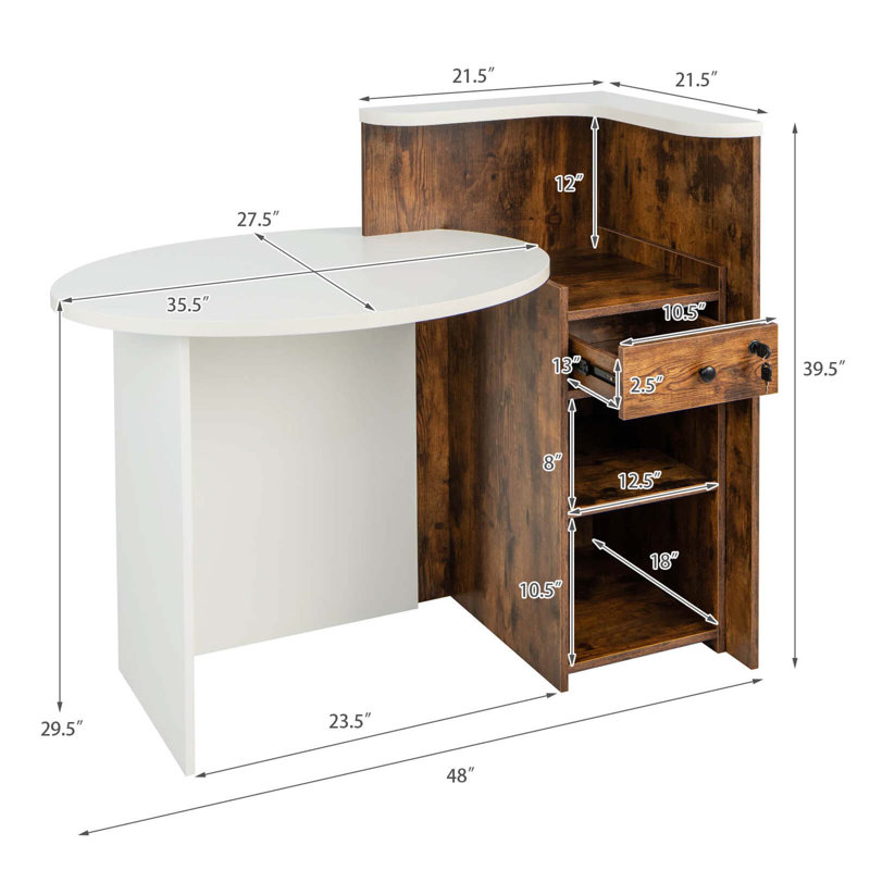 Front Reception Counter Desk Checkout Office Desk With Open Shelf & Lockable Drawer, Brown