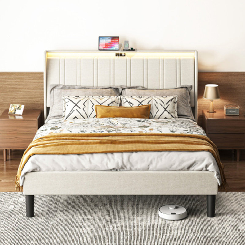 Structure de lit plateforme avec tête de lit tapissier en tissu et support en lattes de bois, Grand lit