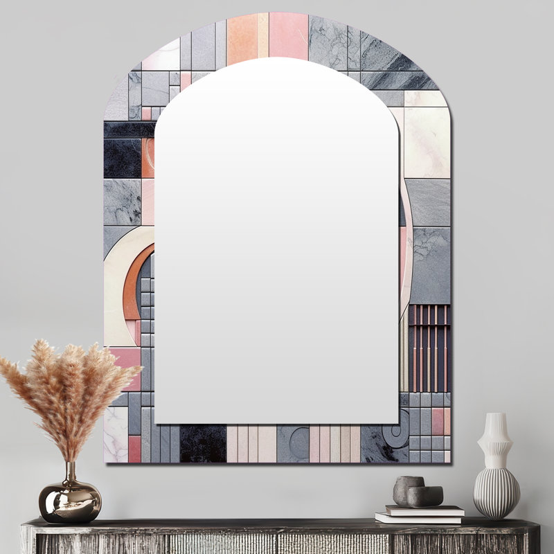 Pink Transcendent Angles III - Abstract Shapes Arch Wall Mirror, Modern Asymmetrical Decorative Mirror, Printed Metal Art