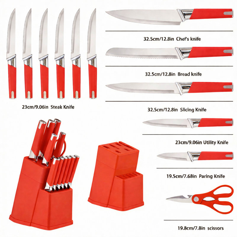 Ensemble de couteaux de cuisine en acier inoxydable 13 pièces Modern, Rouge