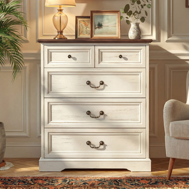 5 Drawers Rustic Accent Chest Cabinet, Brown/White