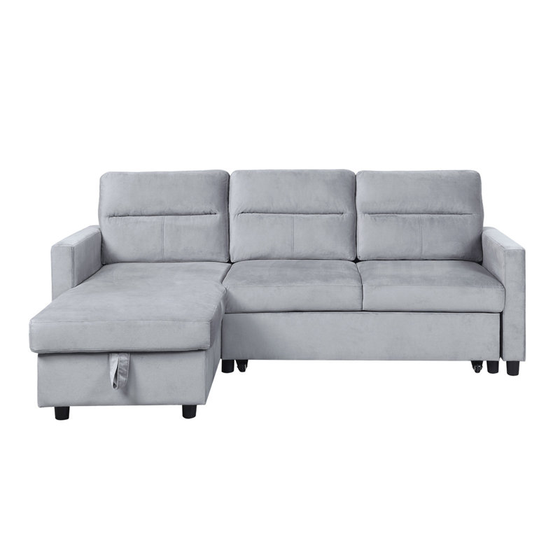 Ivy 81.5" Light Gray Velvet Reversible Sleeper Sectional Sofa with Storage Chaise and Side Pocket, Velvet - Light Gray