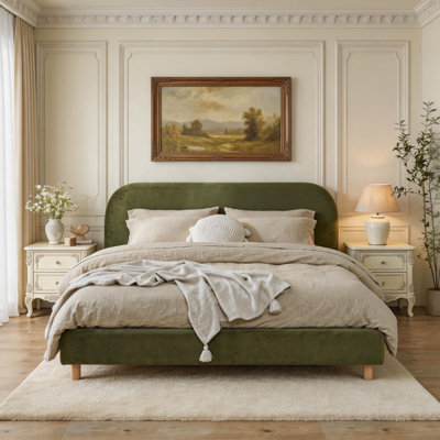 Olive Green Velvet Upholstered Platform Bed with Rounded Headboard