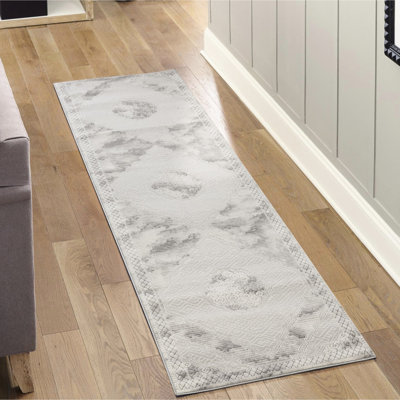 + Grey Medallion Runner Rug, 2 Ft. 7 In. X 9 10 In., Machine - Made , Classic Mid Century Modern Style, Soft, , Stain , High Traffic Area Use +Grey Rug With Pattern, Machine-Made Vintage Transitional