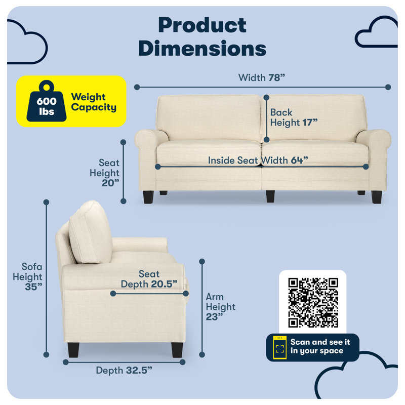 Serta Copenhagen 78" Rolled Arm Sofa, Easy Care Fabric, Soft Pillow Back, Pocket Coil Seat Cushions