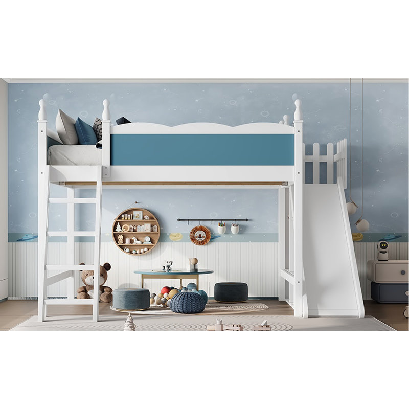 Grand lit mezzanine avec tablettes de rangement et garde-robe, lits mezzanine en bois massif avec glissières et échelles amovibles, aucune boîte à ressorts nécessaire, bleu et blanc (protection par brevet)