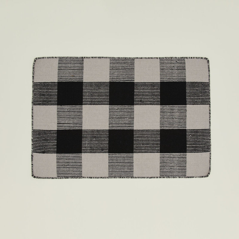 Charliss Gingham Machine Woven Flatweave Shag Wool Area Rug, Rectangle 3' x 5', Light Gray/Black