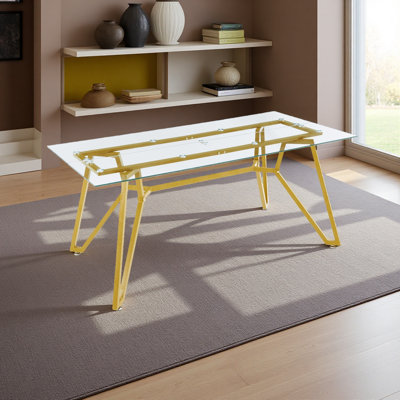 70.9-Inch Rectangular Glass Dining Table, Suitable For 1-8 People, Modern Style Home Kitchen Dining Table, Equipped With Sturdy Metal Table Legs