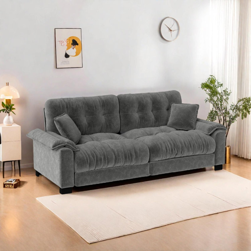 Canapé moderne plissé en chenille de 94 pouces à trois places avec support à ressorts, Gris