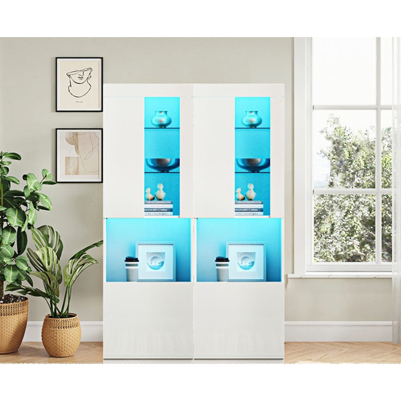 Modern Display Cabinet With LED Lights,Open Countertop And Tempered Glass Shelves(Set Of 2)