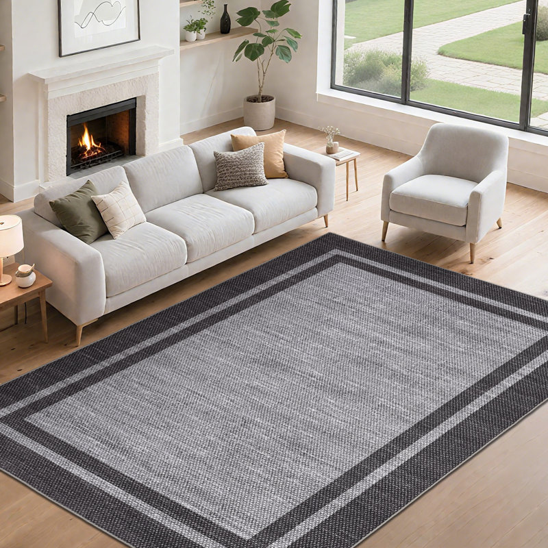 Modern Bordered Area Rug Washable Rug for Living Room, Neutral Minimalist Carpet, Soft Thin Low Pile Non Shedding Floor Covering, Indoor Foldable Non Slip Mat for Bedroom
