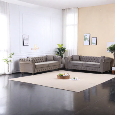 Modern Grey Velvet 3-seater Sofas With Solid Wood Frame, Ideal For Home & Office