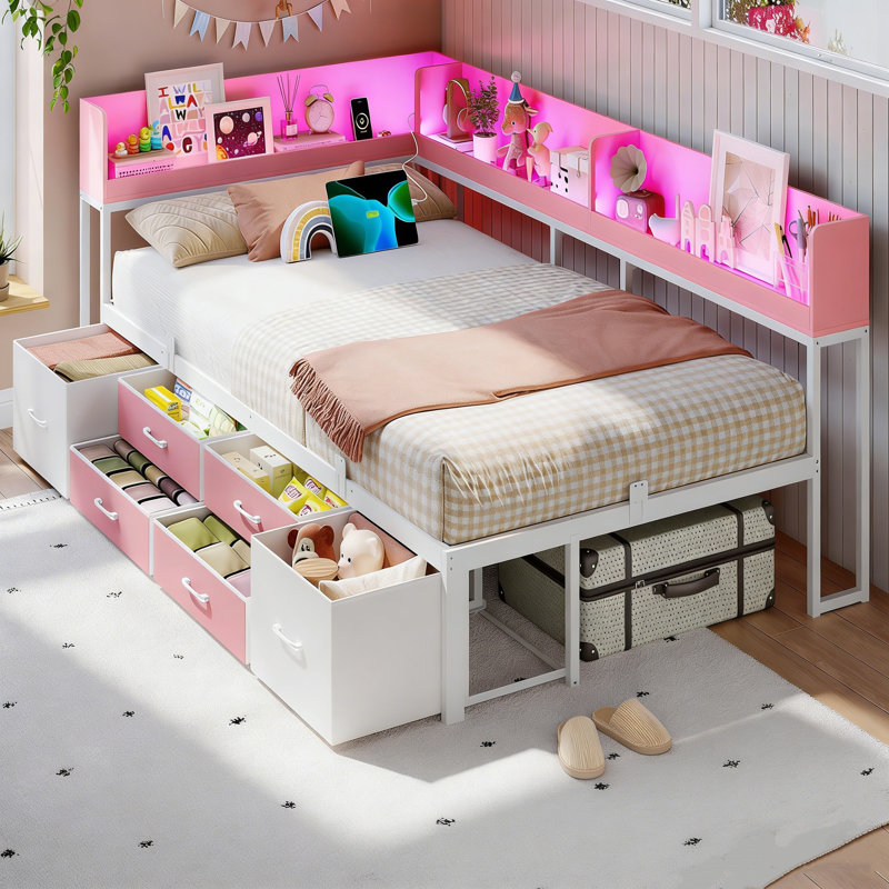 Twin Daybed with 6 Drawers LED Corner Bed with Bookcase & Charging Station Metal Platform Bed Frame for Bedroom, Guest Room, Pink
