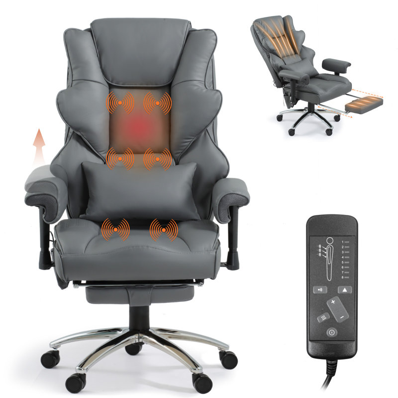 6-Point Massage & Heating Office Chair High Back Executive Ergonomic Chair With Lumbar Support (PU Leather), Gray