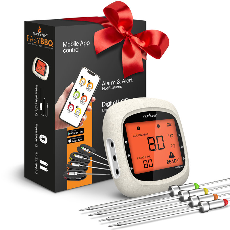 Thermomètre à viande Nuthausf Bluetooth pour griller et fumer avec 4 capteurs de viande sans fil, 4 canaux avec écran LCD