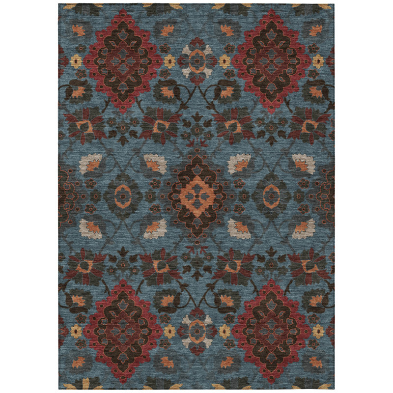 Tapis intérieur / extérieur oriental lavable 9 pi x 12 pi bleu brique rouge et brun
