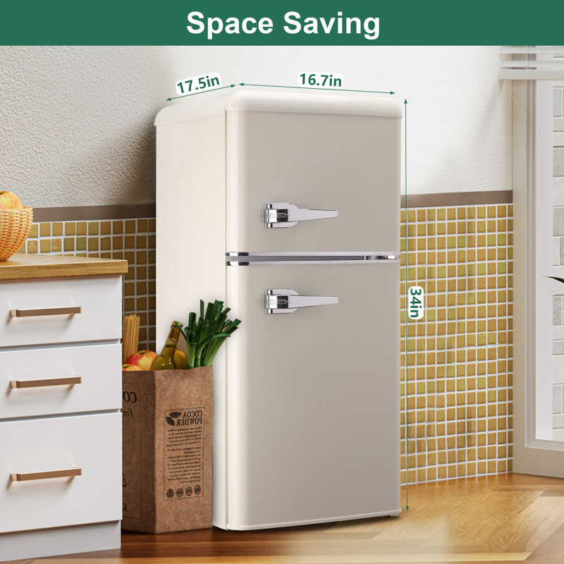 Mini Retro Fridge 3.2 Cu.Ft. Apartment Size Refrigerator with FreezerRetro Fridge Style with 7-Level Adjustable Thermostat Compact Vintage 2 Door Fridges for KitchenDorm ApartmentCream